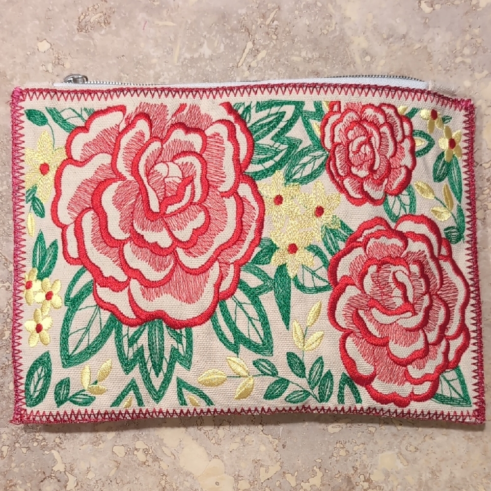 Floral Embroidered Clutch - Red and Green